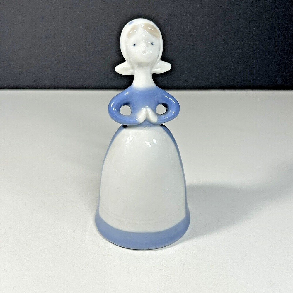 Vintage 1970s Blue & White Dutch Girl Singing Porcelain Bell